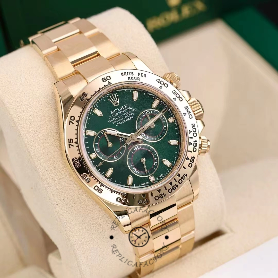 Angled stand view of Rolex Daytona 116508 highlighting green dial and subdials.