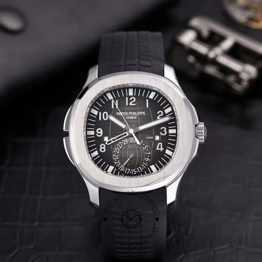 Studio-style front view of the Patek Philippe Aquanaut 5164A-001 on black rubber strap, black dial.