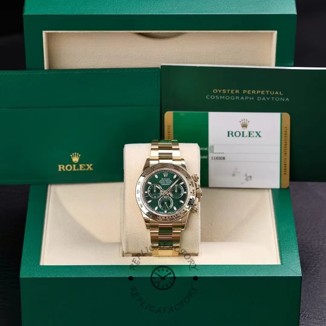 Full set display of Rolex Daytona 116508 with box and card, green dial shown.