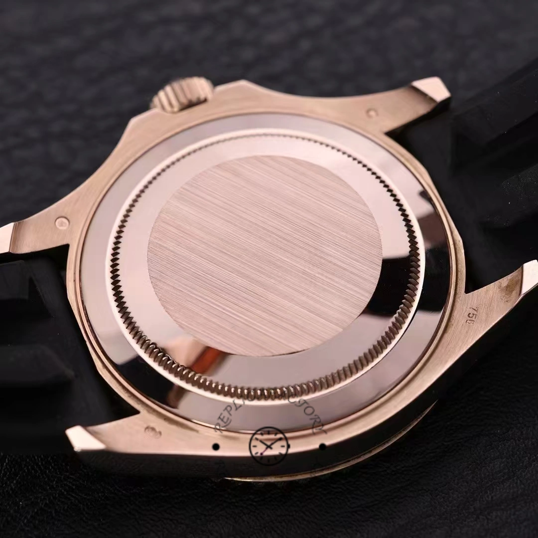 Rolex Yacht-Master 126655 case back view, Everose back and Oysterflex strap, rear angle.