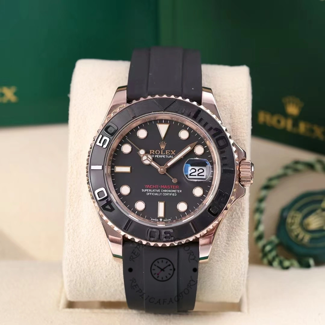 Rolex Yacht-Master 126655 in Rolex box, black dial, Everose case, Oysterflex strap, front view.