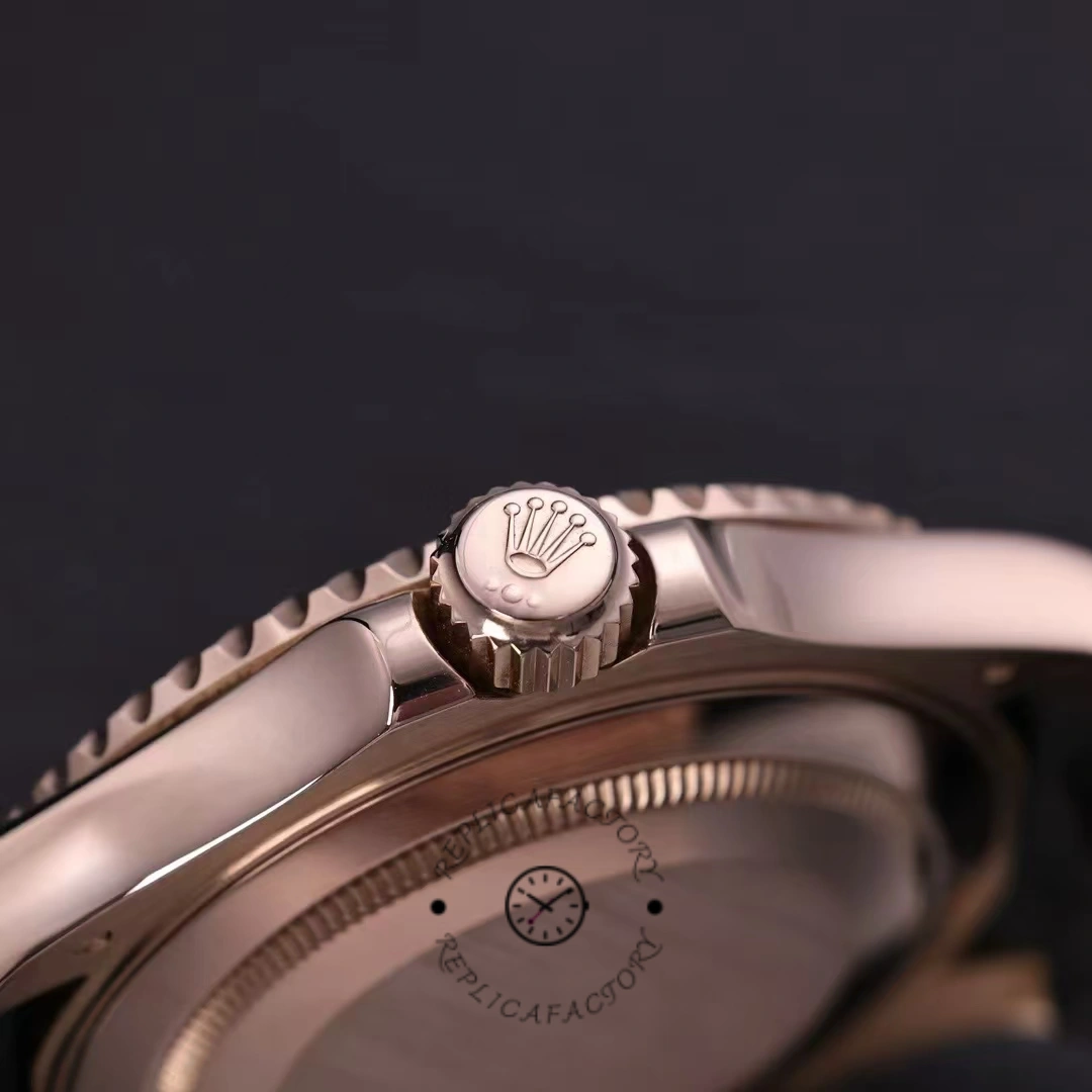 Rolex Yacht-Master 126655 crown-side close-up, Everose case profile and bezel thickness.