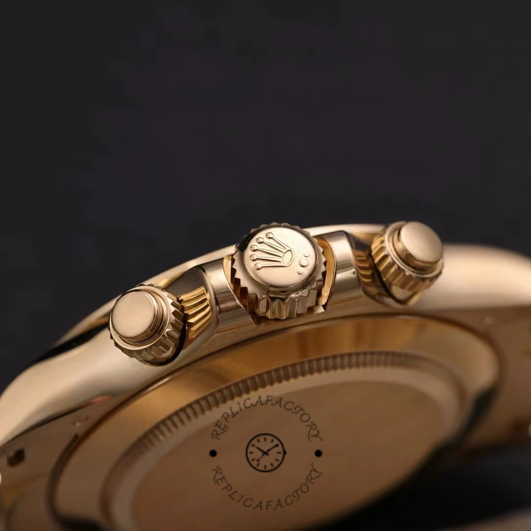Crown-side close-up of Rolex Daytona 116508 showing gold crown and chronograph pushers.
