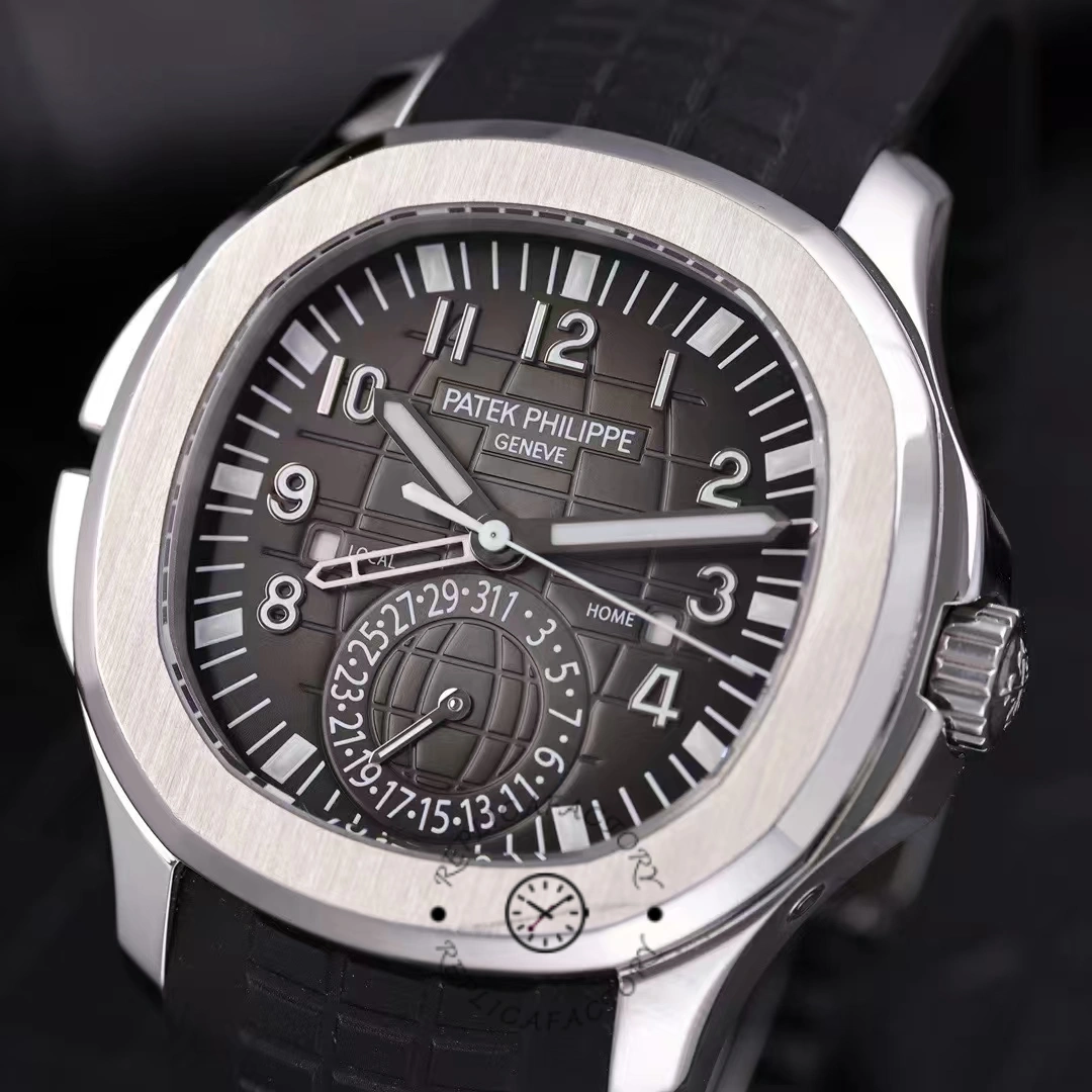 Bezel and case close-up of the Patek Philippe Aquanaut 5164A-001 showing brushed steel finishing.