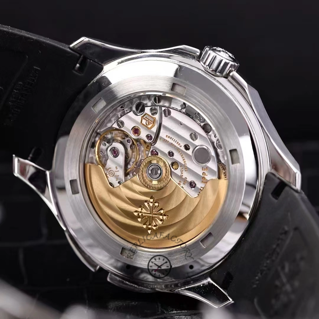 Movement close-up through the caseback of the Patek Philippe Aquanaut 5164A-001 showing rotor details.