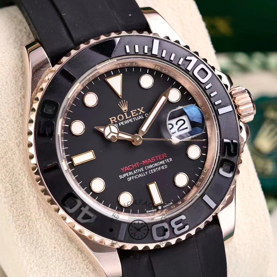 Rolex Yacht-Master 126655 close-up, black dial details and bezel numerals, Everose gold case.