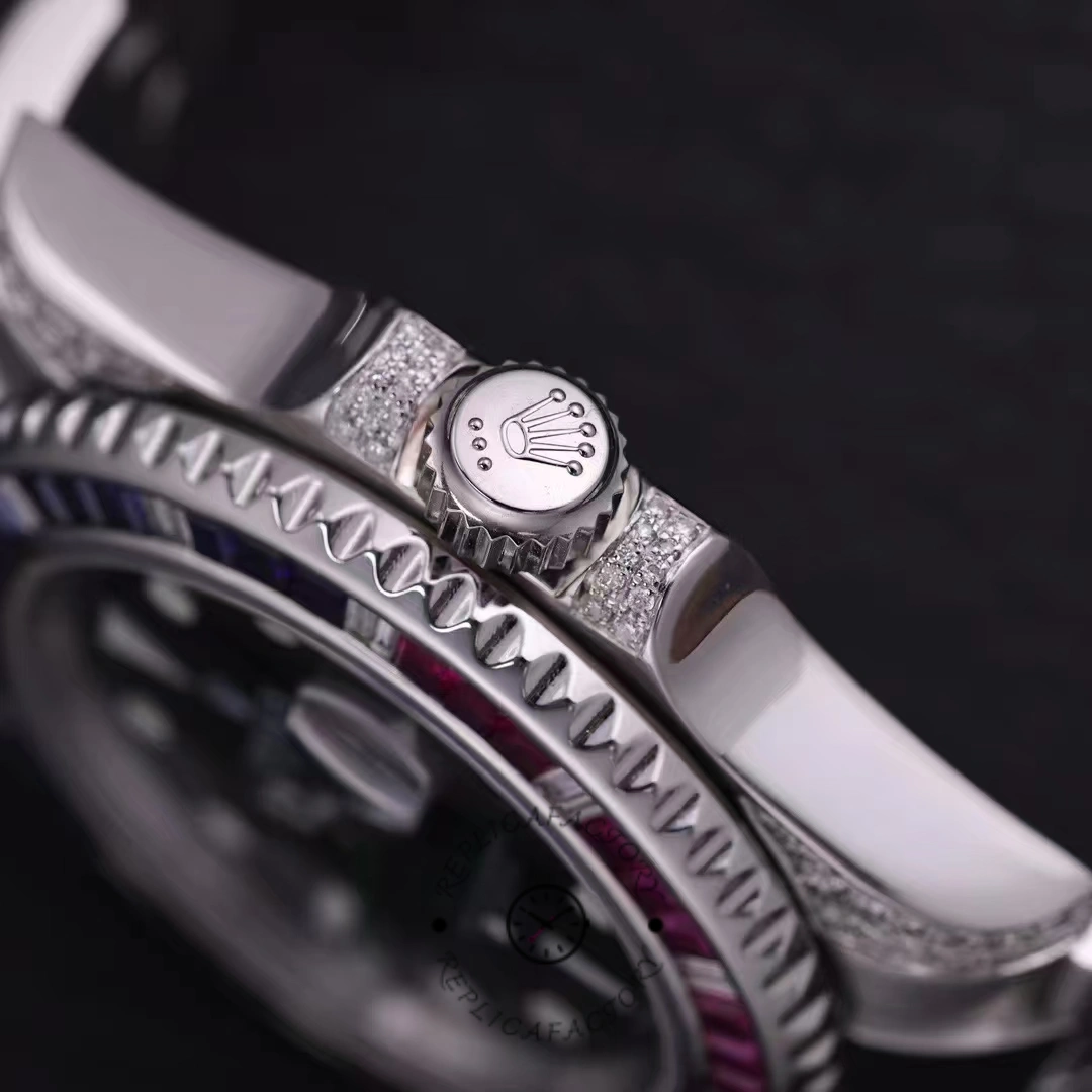 Rolex GMT-Master II 126710BLRO crown-side close-up, diamond-set case and gem-set bezel edge.