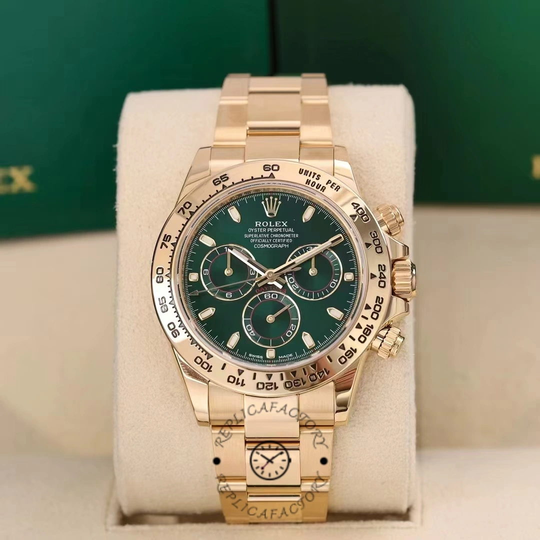 Display shot of Rolex Daytona 116508 on stand, green dial and gold case.