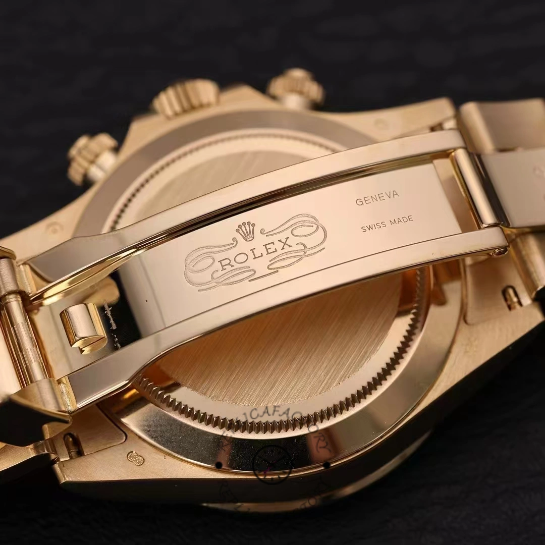 Clasp engraving close-up of Rolex Daytona 116508 showing Rolex coronet on clasp.