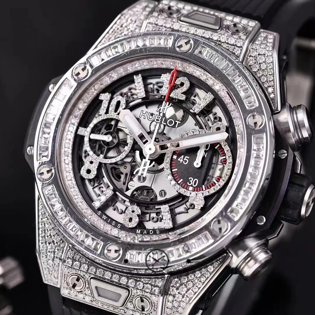 Macro of diamond-set bezel on Hublot 411.NX.1170.RX.0904 Big Bang Unico 45mm, skeleton dial details.