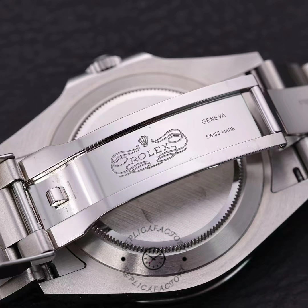 Rolex Explorer II m226570 0002 clasp close-up, stainless steel bracelet clasp and engraving.