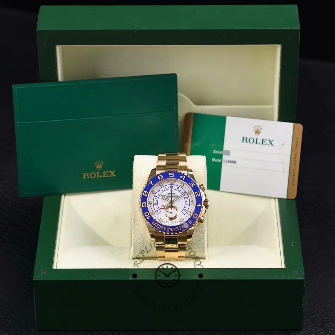 Full set shot of Rolex Yacht-Master II 116688 with box and accessories.