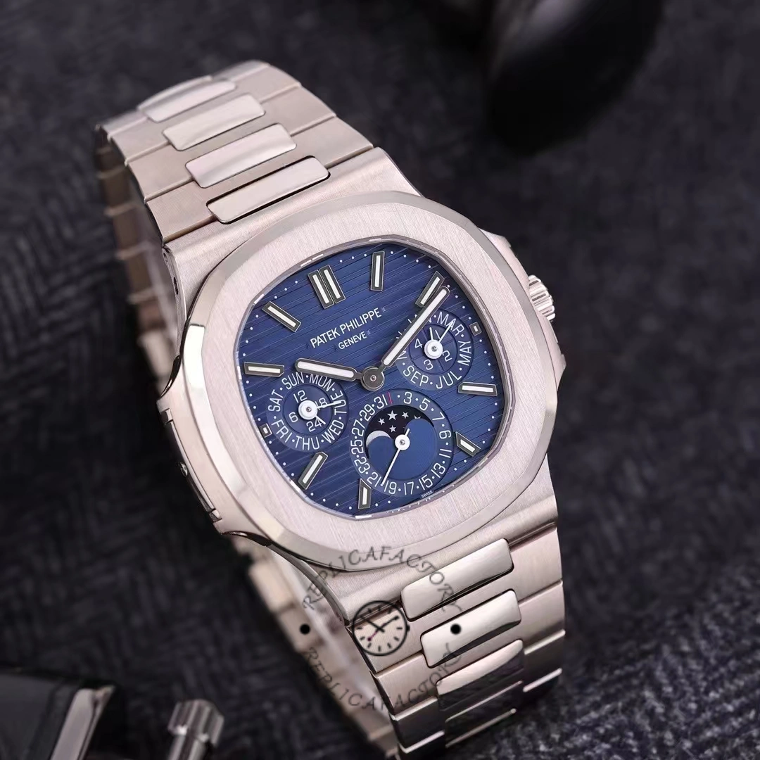 Three-quarter view of the Patek Philippe Nautilus 5740 1G 001 showing integrated bracelet and case finish.