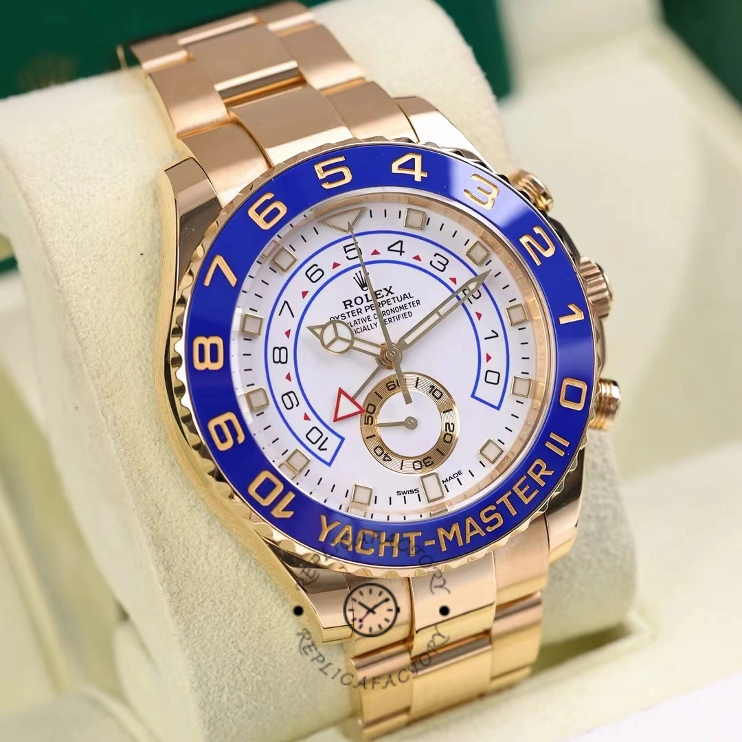 Angled view of Rolex Yacht-Master II 116688 showing gold case and blue bezel.