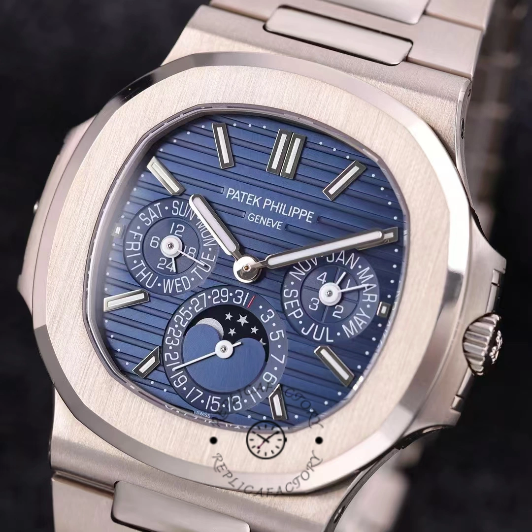 Close-up of the Patek Philippe Nautilus 5740 1G 001 blue dial with calendar windows and subdials.