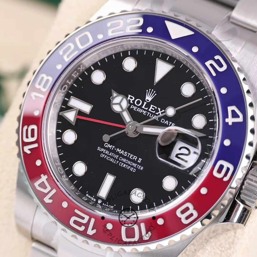 Close-up of the Rolex GMT-Master II 126710BLRO 0002 showing dial, date, and bezel colors.