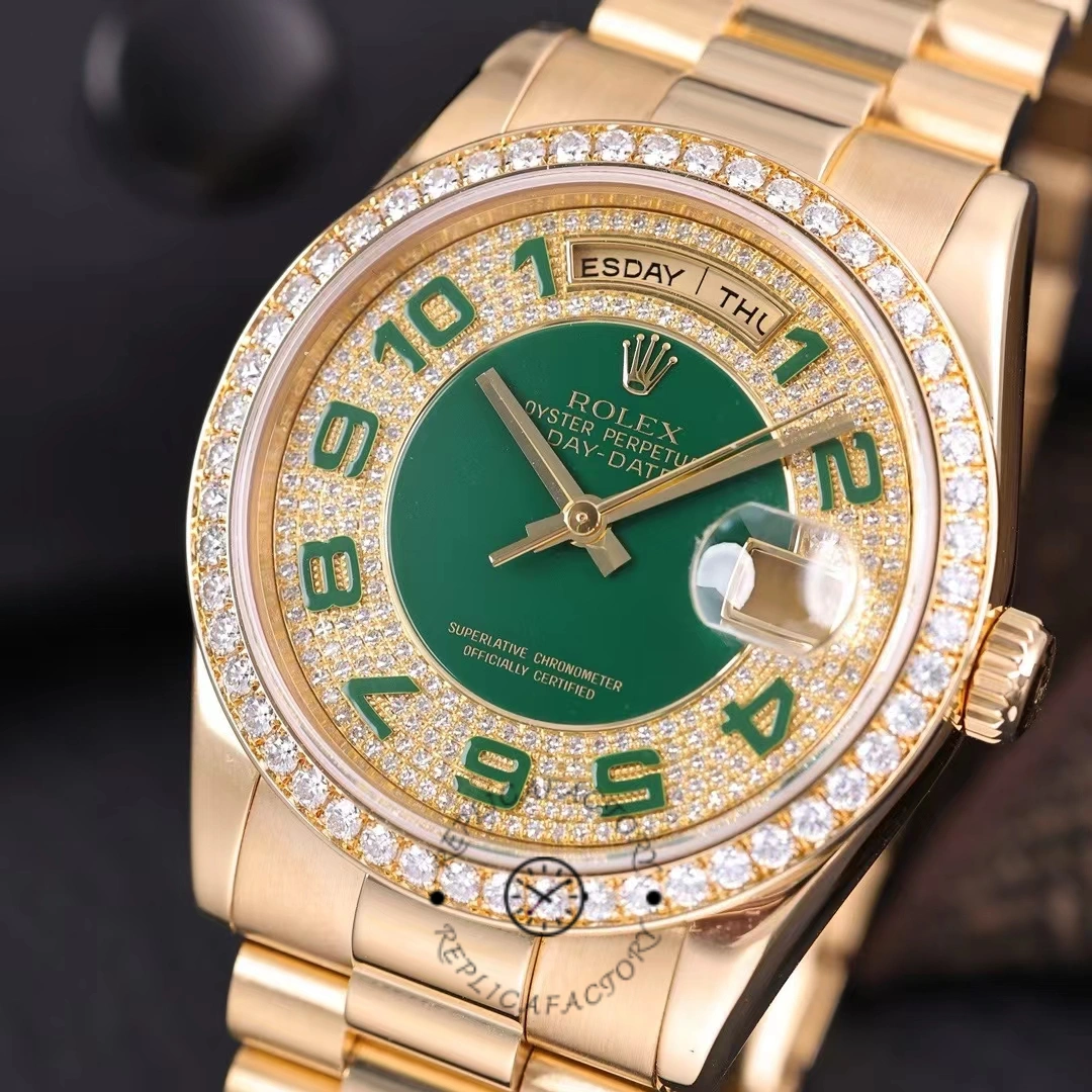 Rolex Day Date 118348 Green Diamond Dial Yellow Gold 36mm Unisex Replica Watch