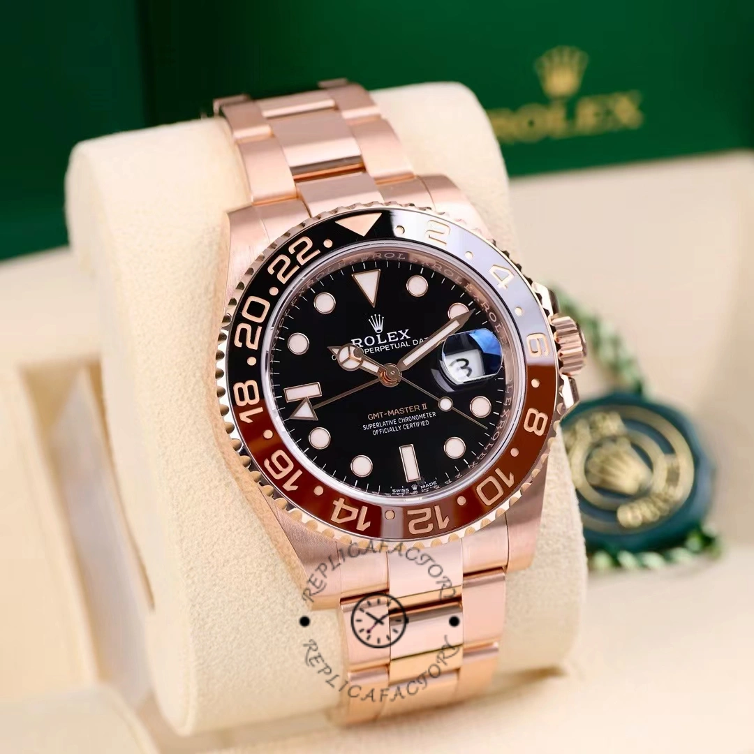 Angled front view of Rolex GMT-Master II 126715CHNR highlighting CHNR bezel and Everose case.