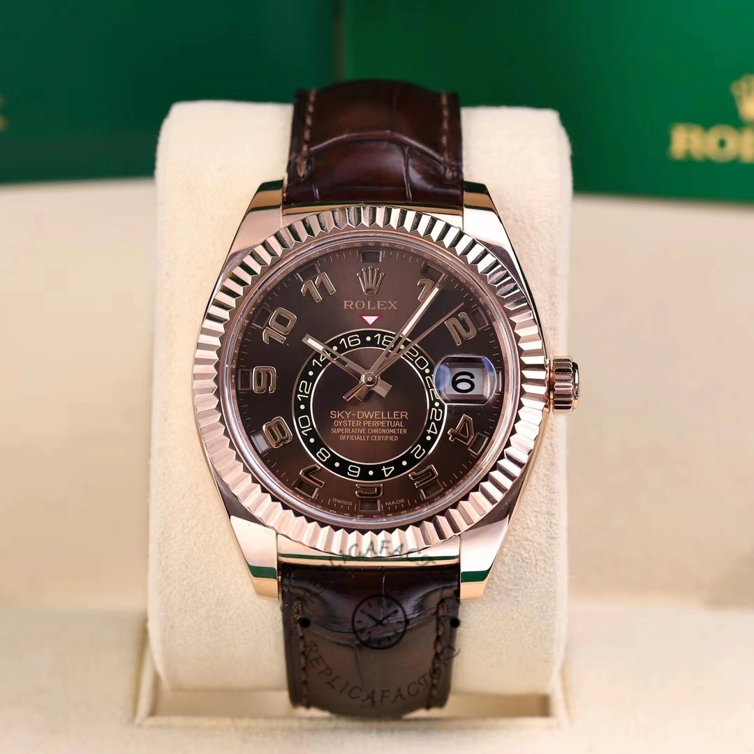 Rolex Sky-Dweller 326135, close front view highlighting the fluted bezel and Arabic numerals.