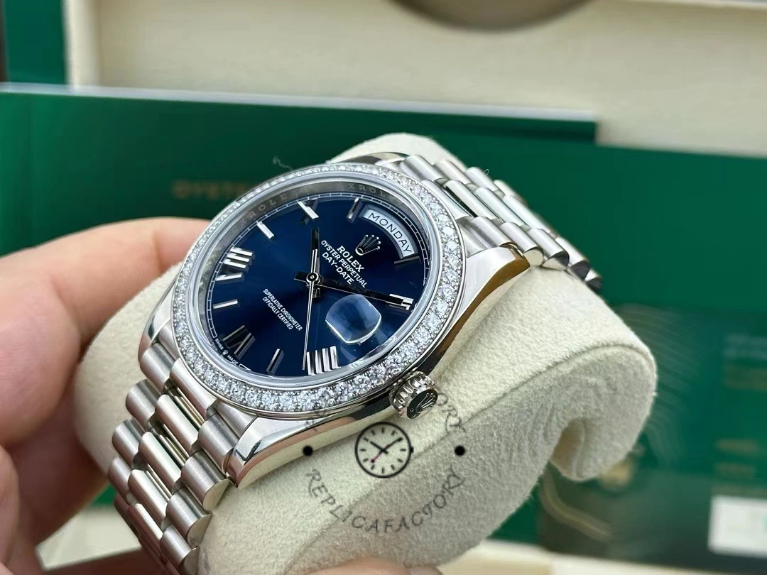 Rolex Day-Date 228349RBR Blue Roman Dial Diamond Bezel 40mm Mens Replica Watch