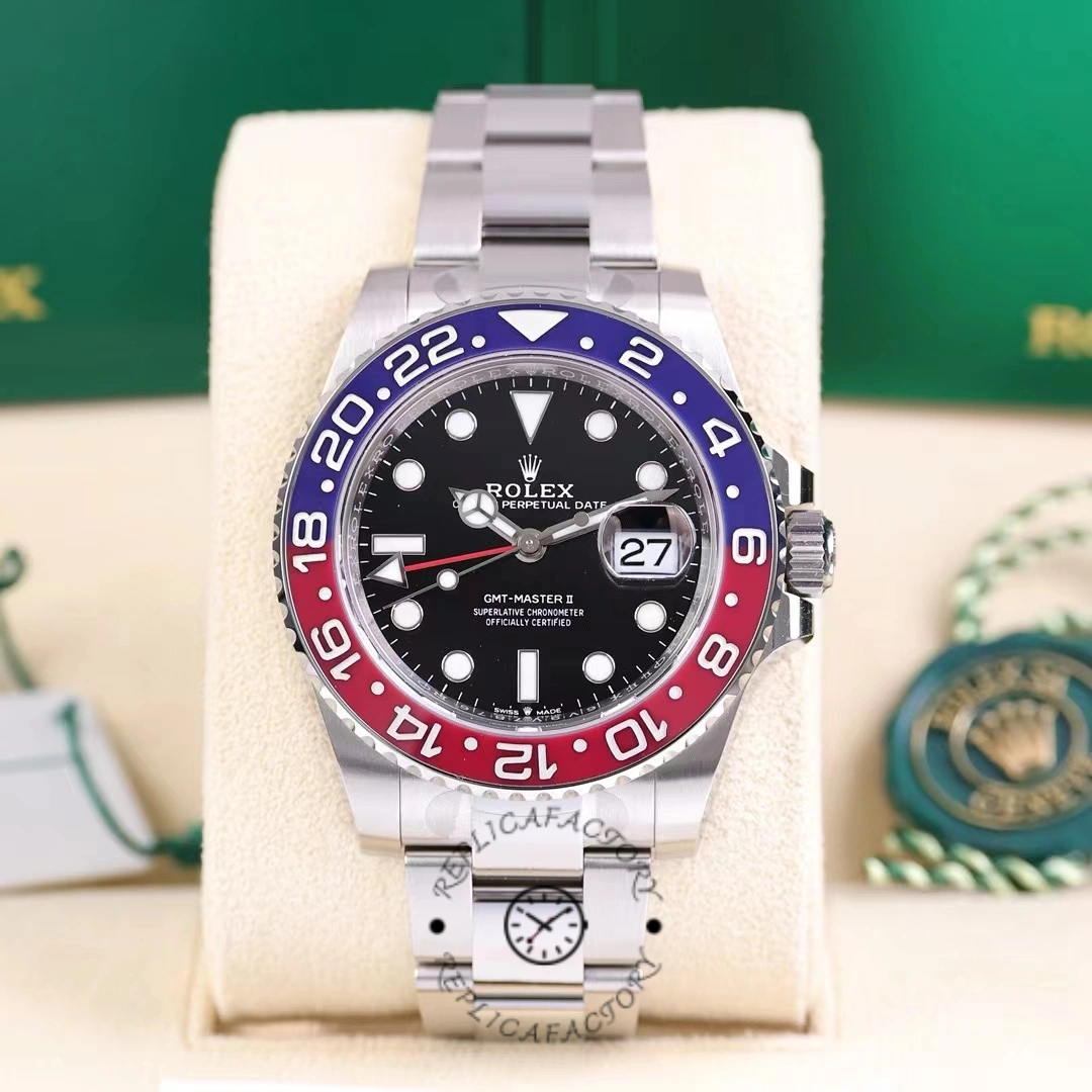 Rolex GMT-Master II 126710BLRO 0002 on cushion, front view with red-blue bezel.