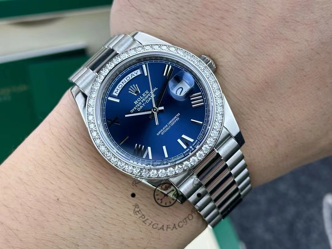 Rolex Day-Date 228349RBR Blue Roman Dial Diamond Bezel 40mm Mens Replica Watch