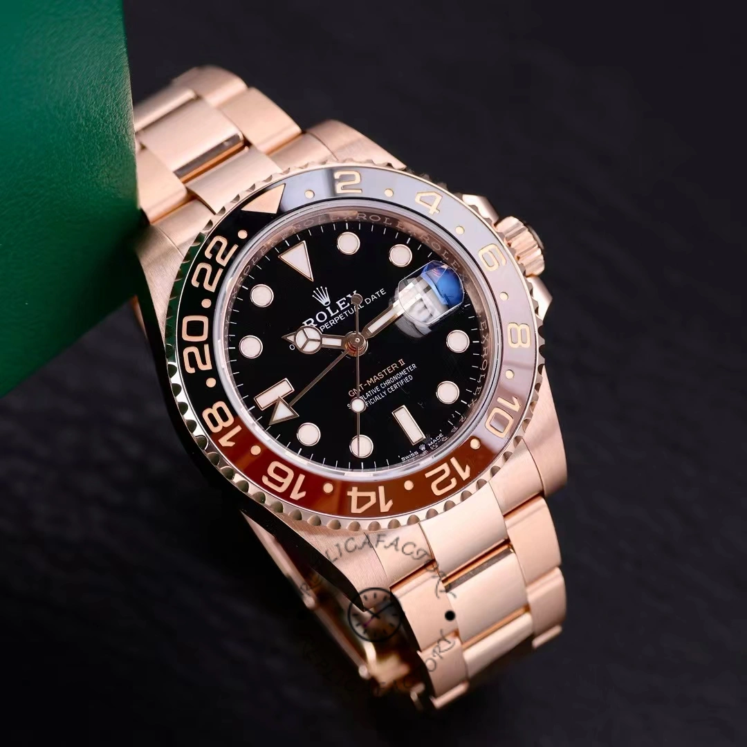 Angled shot of Rolex GMT-Master II 126715CHNR showing black dial and CHNR bezel shine.