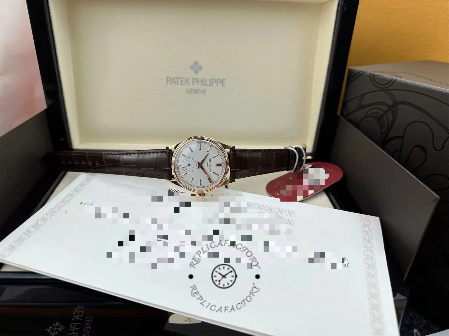 Box set shot of Patek Philippe Calatrava 6119R-001 showing watch, papers, and accessories.