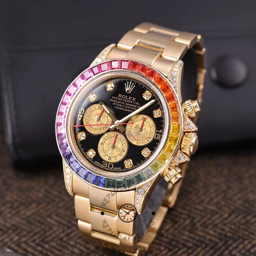 Angled view of Rolex Daytona 116528 highlighting rainbow bezel stones and gold case.