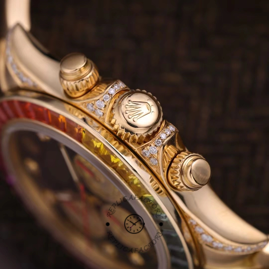 Side profile of Rolex Daytona 116528 showing gold crown and rainbow bezel edge.