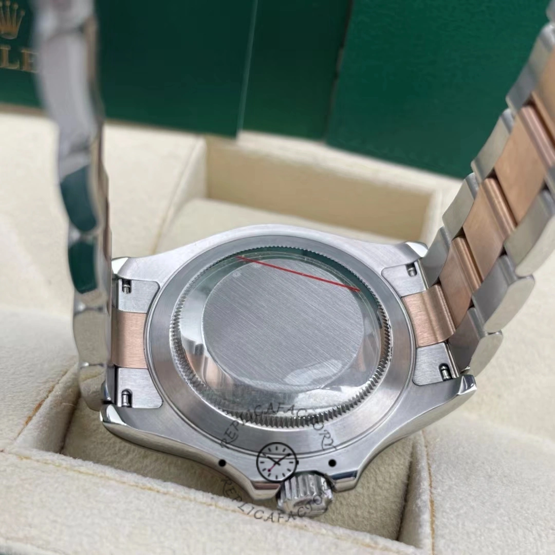 Rolex Yacht-Master 126621 case back view, stickered back and rolesor bracelet, in box.