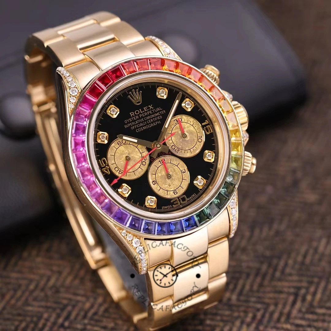Another angled view of the Rolex Daytona 116528, highlighting the rainbow-colored bezel gemstones and the gold case.