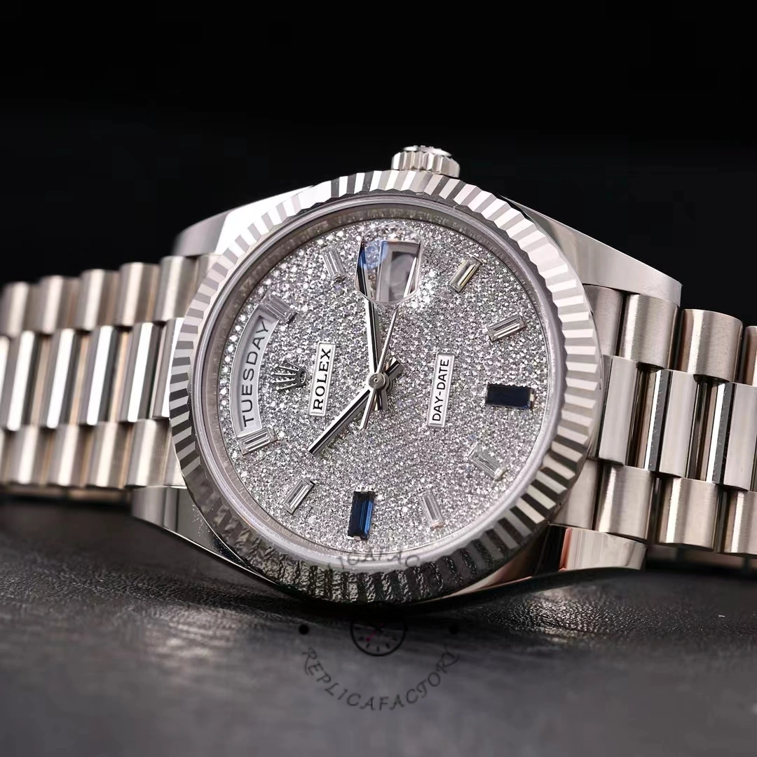 Rolex Day-Date 228239 Diamond Paved Dial Fluted Bezel 40mm Mens Replica Watch