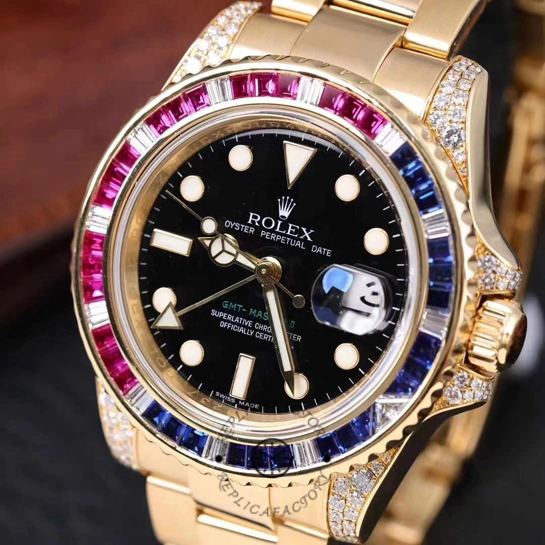 Rolex GMT-Master II 116758 bezel close-up, multi-color gem bezel and black dial markers.
