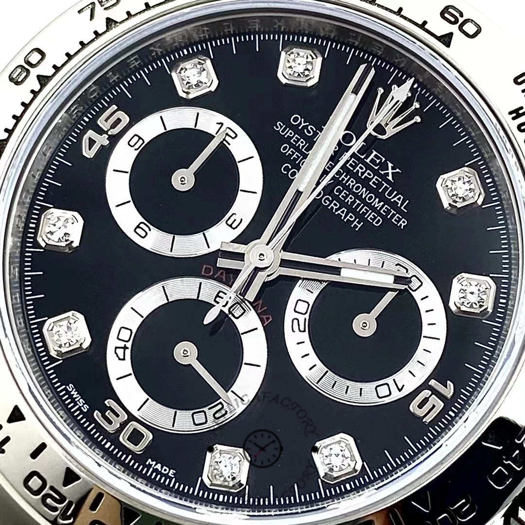 Rolex Daytona 116509 dial close-up, black dial with contrasting subdials and markers.