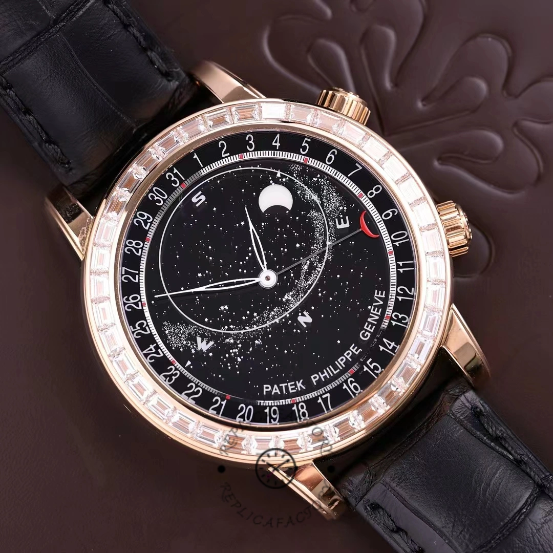 A tiled view of the Patek Philippe 6104R 001, highlighting the details of the star chart dial, the moon, and the hands.