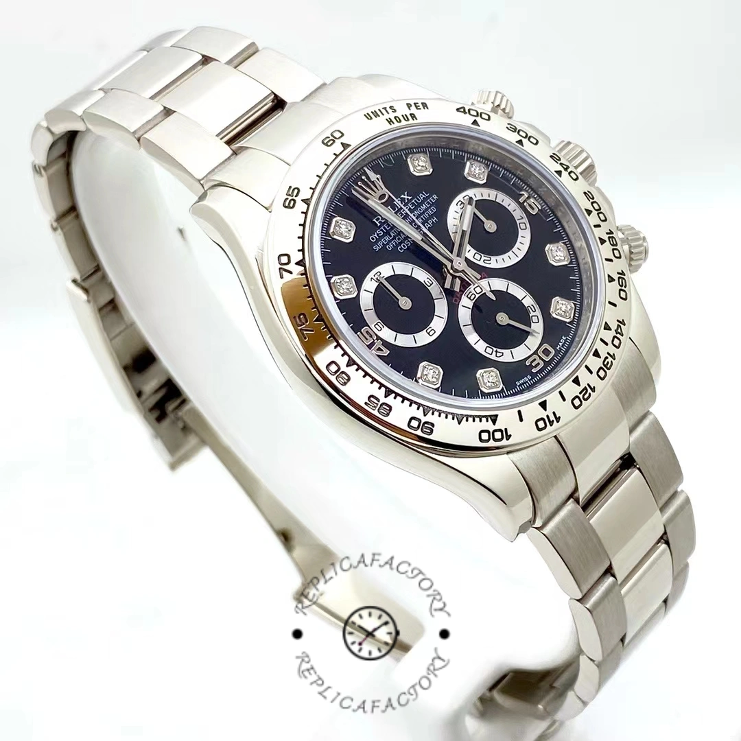 Rolex Daytona 116509 angled view on cushion, black dial and bezel, bracelet partially open.