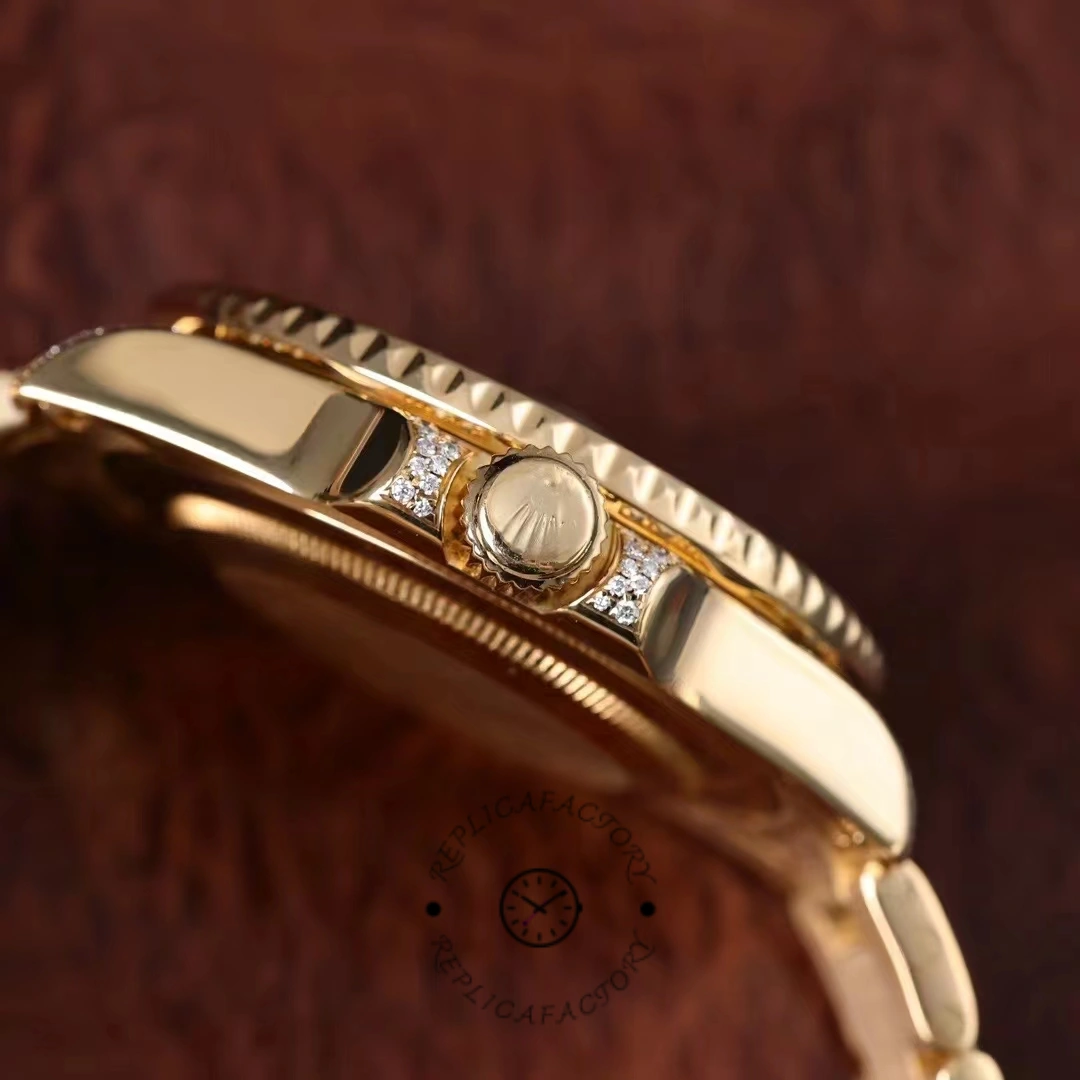 Rolex GMT-Master II 116758 side profile, crown guards and case thickness, yellow gold finish.