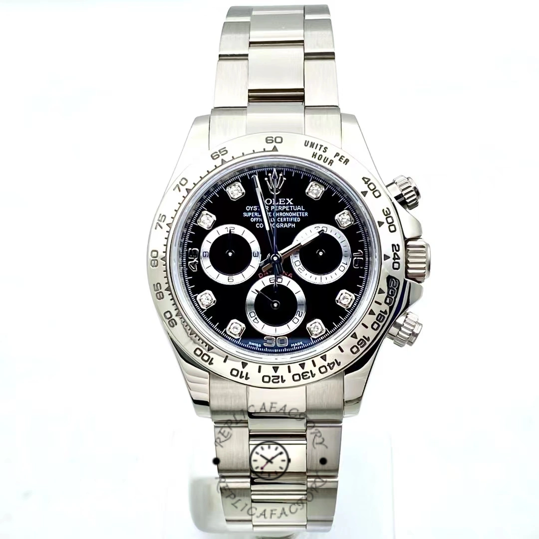 Rolex Daytona 116509 front view on white background, black dial and steel-tone Oyster bracelet.