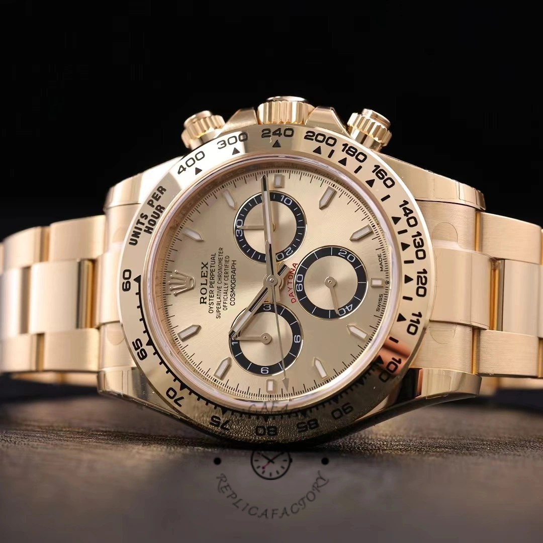 Dark background shot of Rolex Cosmograph Daytona 126508 0005 highlighting gold case shine.