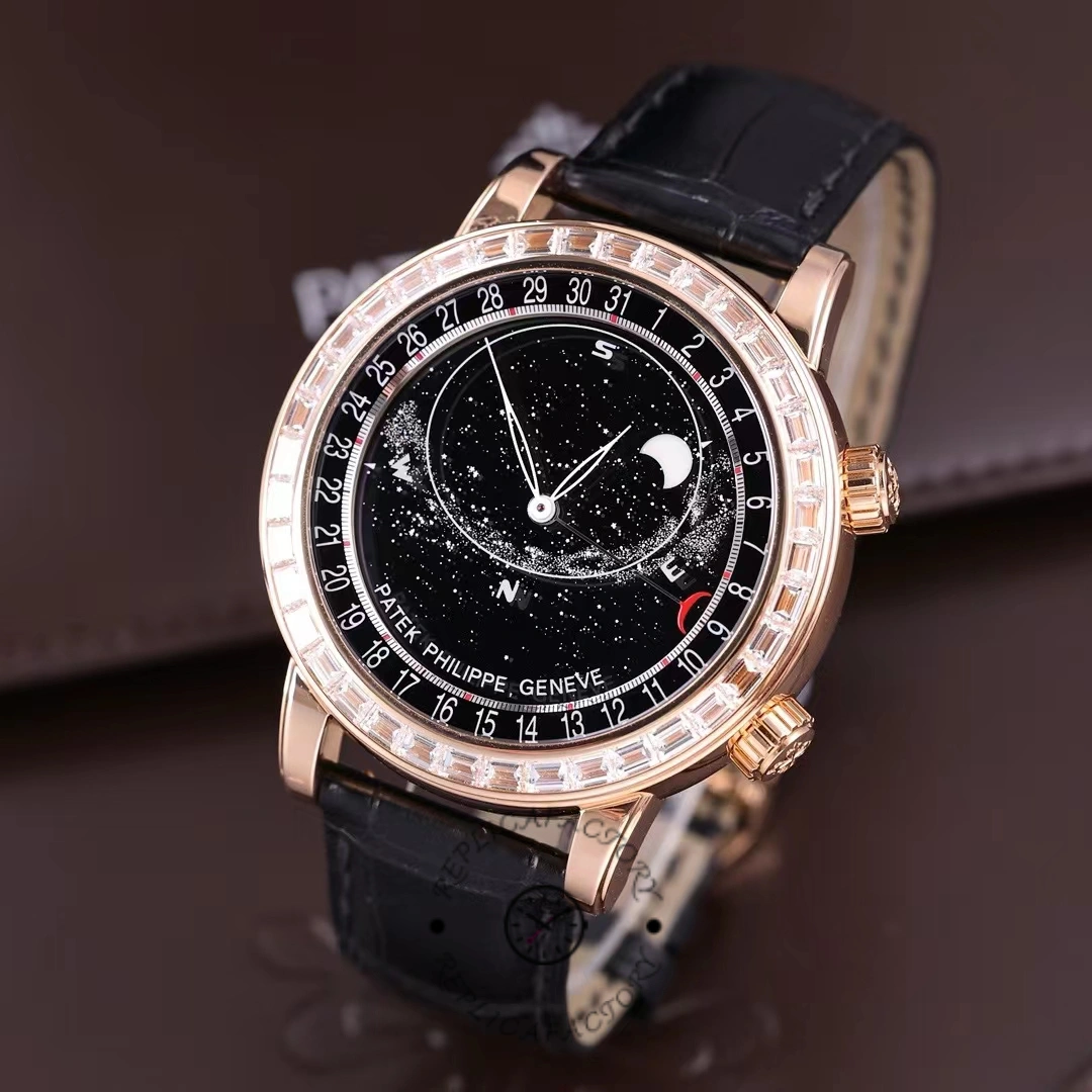 Angled view of Patek Philippe 6104R 001 with diamond bezel and rose gold case shine.