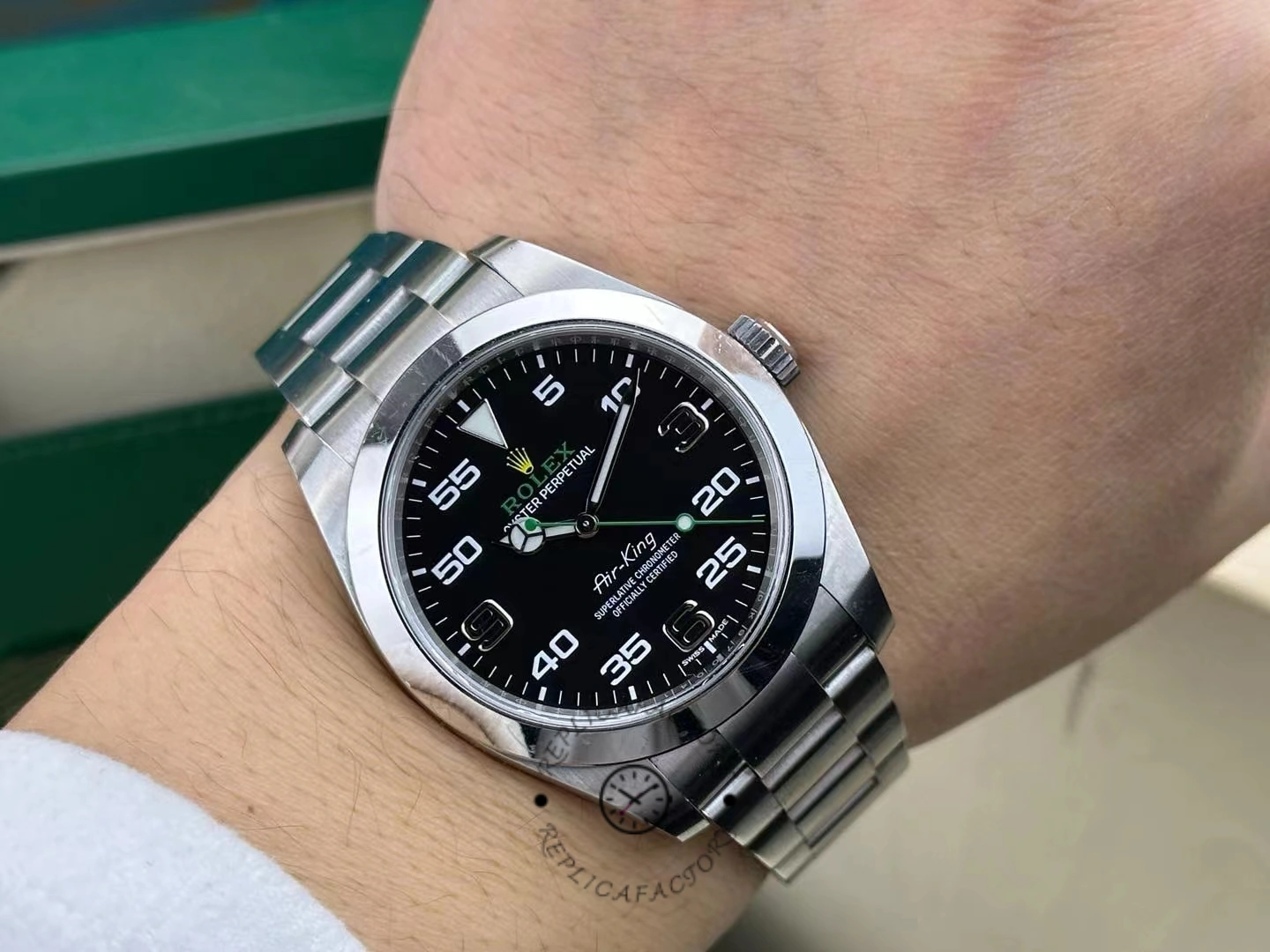 Rolex Air-King 116900, on-wrist shot showing Oyster bracelet fit and case profile.