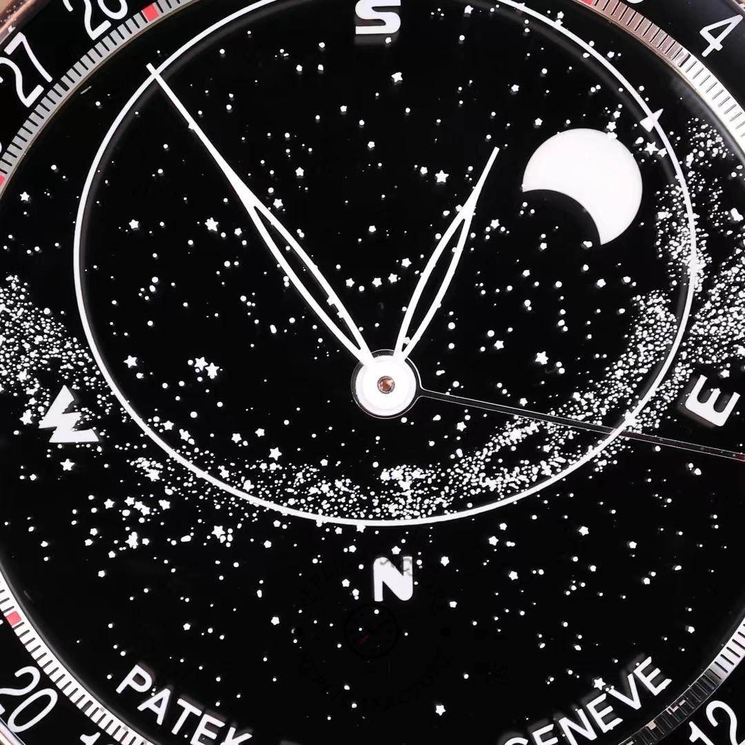 Macro view of Patek Philippe 6104R 001 focusing on star chart dial, moon, and hand details.