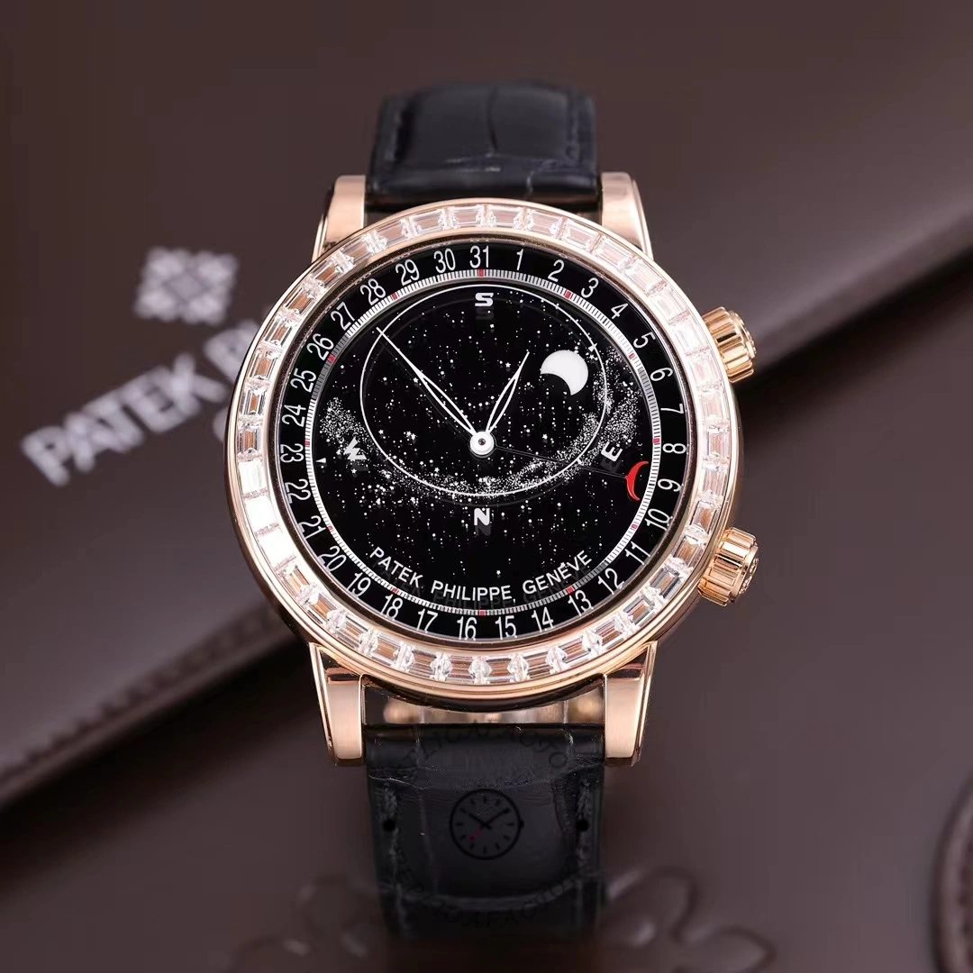 Close-up of Patek Philippe 6104R 001 showing diamond bezel and celestial dial printing detail.