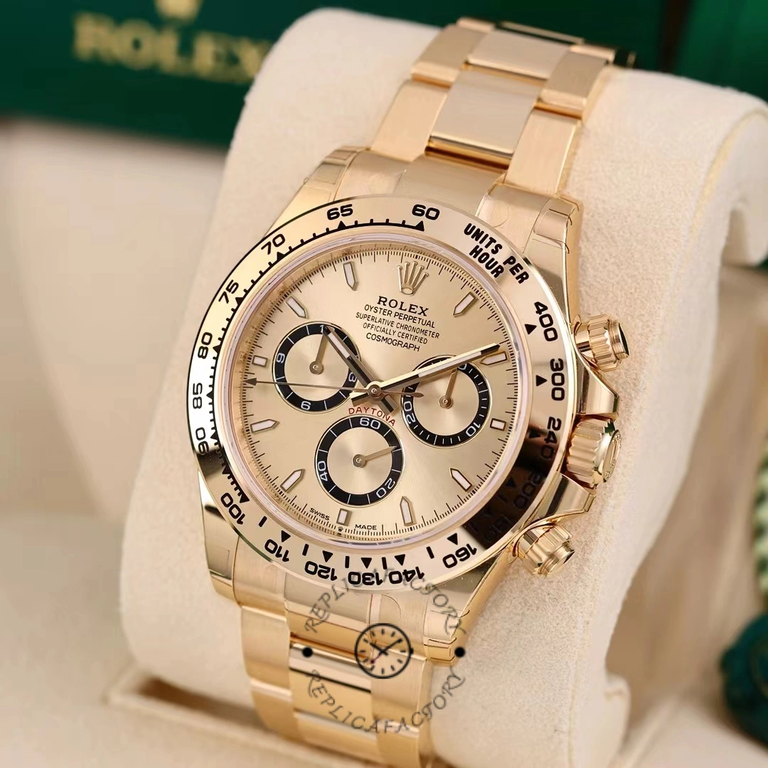 Angled front view of Rolex Cosmograph Daytona 126508 0005 highlighting subdials and bezel.