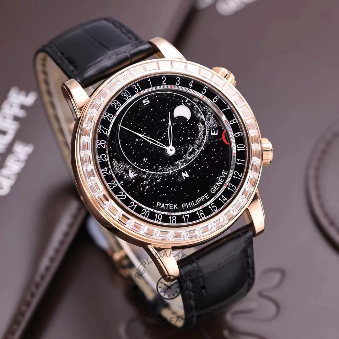 Side-angled front view of Patek Philippe 6104R 001 emphasizing bezel setting and dial depth.