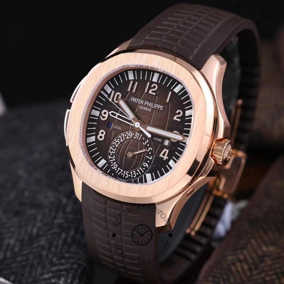 Three-quarter view of the Patek Philippe Aquanaut 5164R-001 highlighting the Travel Time sub-dials.