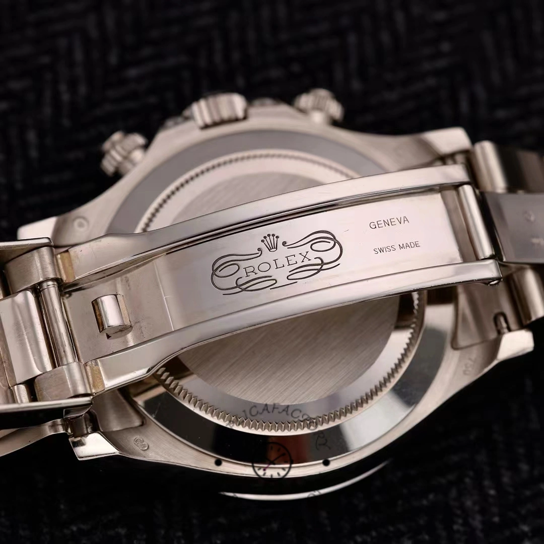 Case back and clasp view of the Rolex Daytona 116599RBOW with engraved Rolex markings.