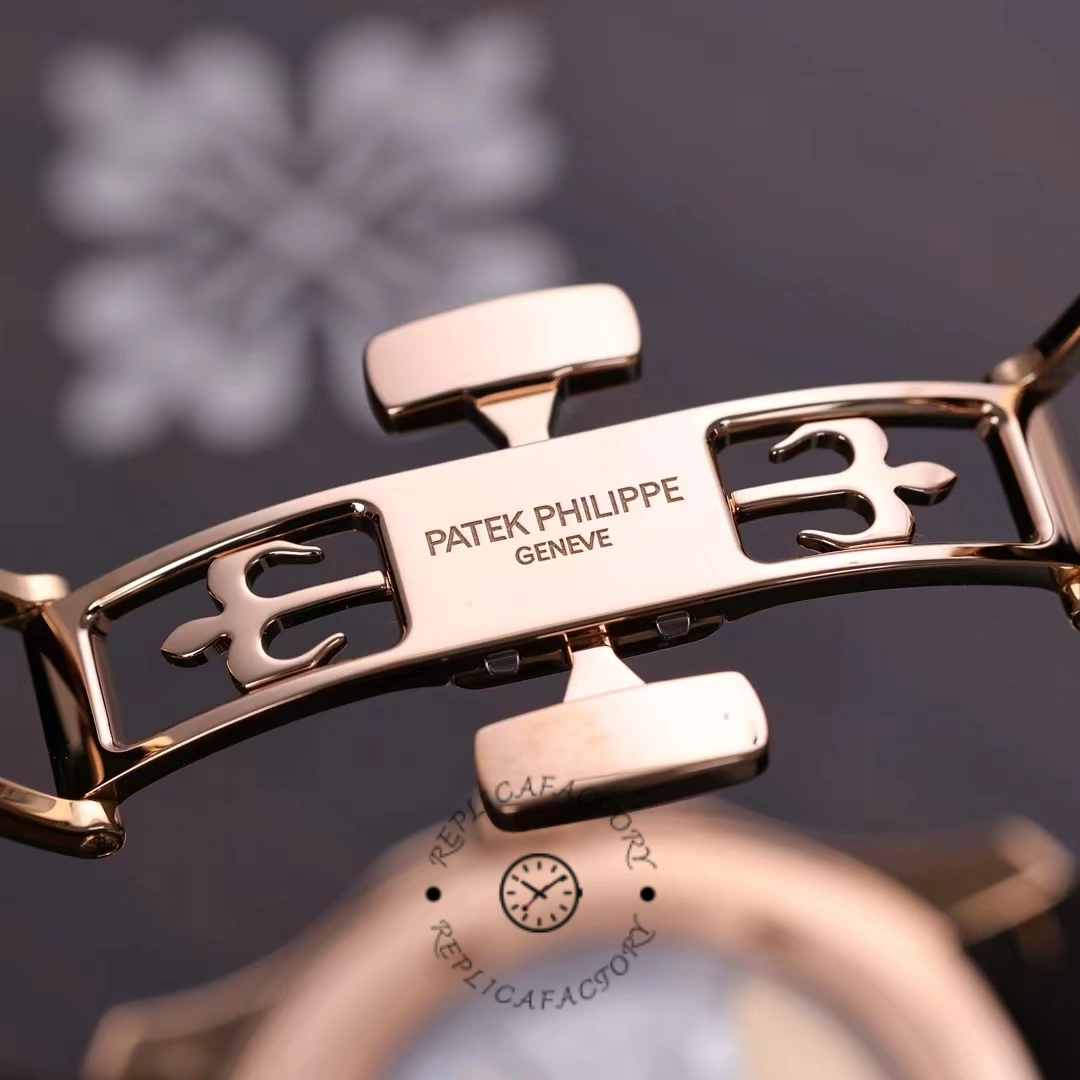 Clasp detail of the Patek Philippe Aquanaut 5164R-001 showing engraved logo on the buckle.