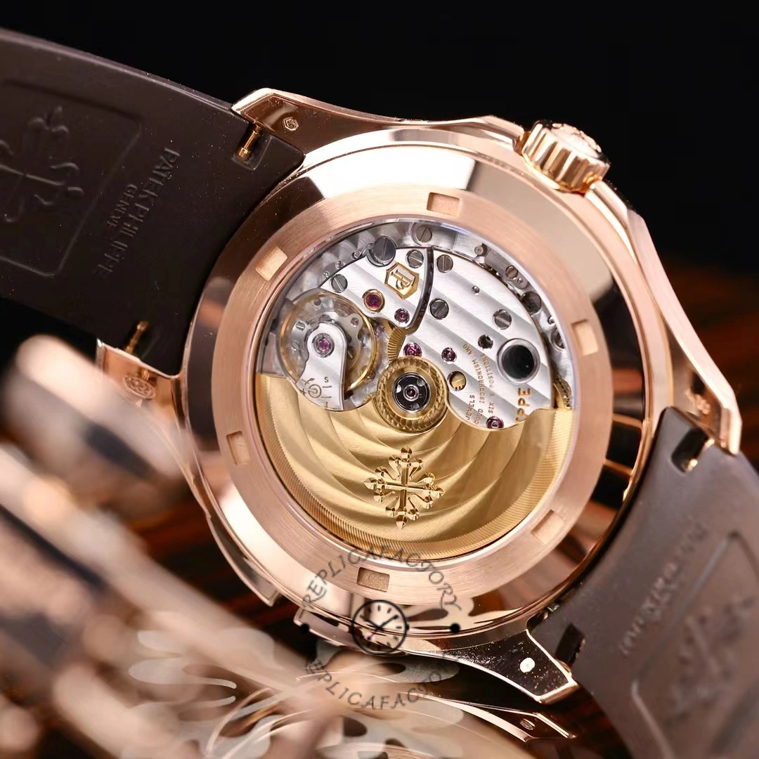 Caseback view of the Patek Philippe Aquanaut 5164R-001 showing the automatic rotor through the back.